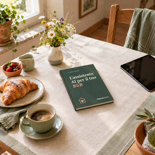 Copertina della guida L'assistente AI per il tuo B&B appoggiata su un tavolo da colazione