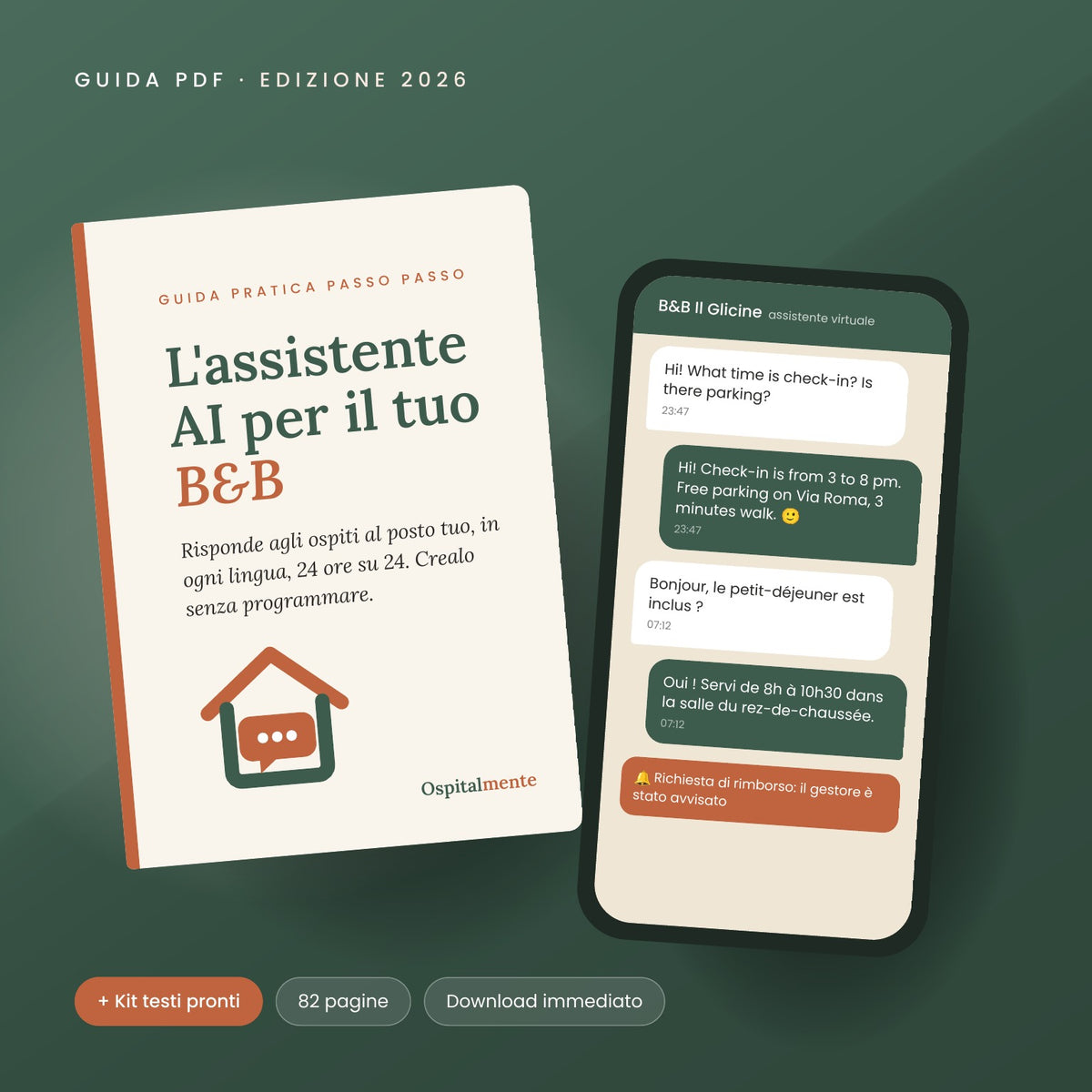 Guida L'assistente AI per il tuo B&B con smartphone che mostra l'assistente virtuale rispondere agli ospiti